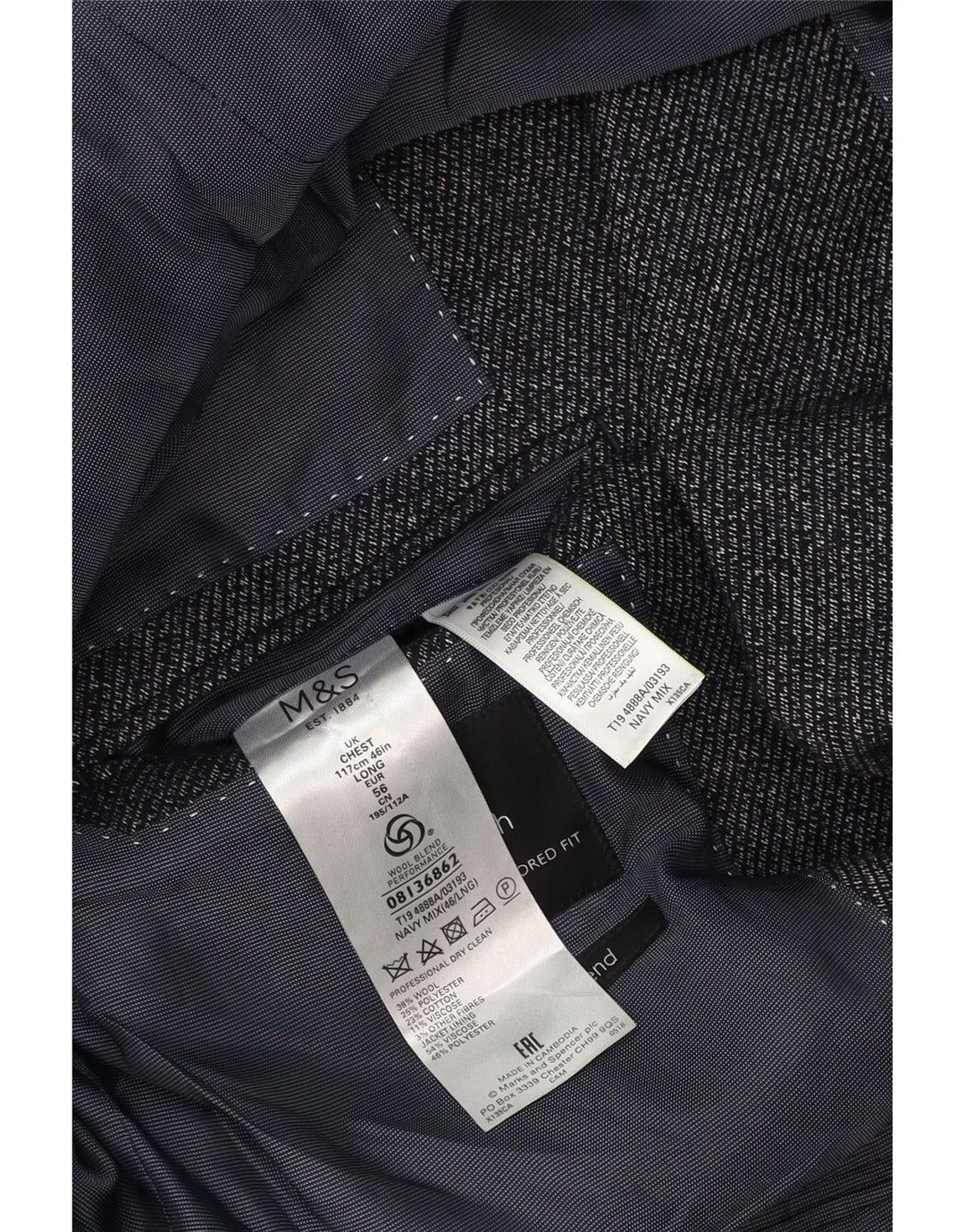 Мужской пиджак Marks & Spencer с двумя пуговицами, Великобритания, 46 XL, темно-синий, шерстяной