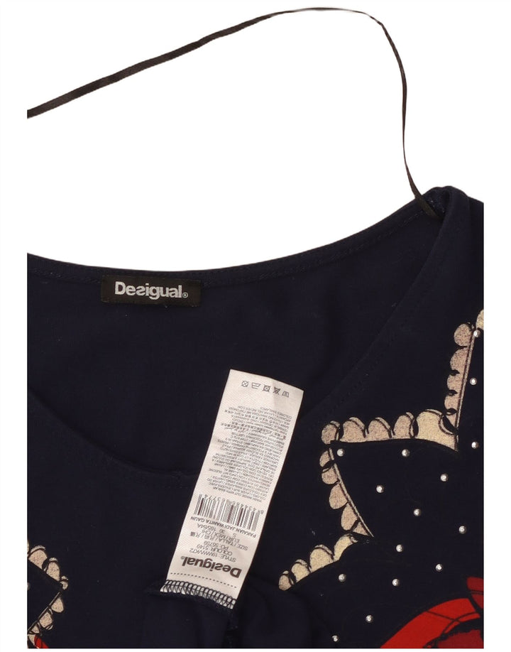 Женское платье трапециевидного силуэта DESIGUAL UK 8, маленькое, темно-синее, вискоза с цветочным принтом