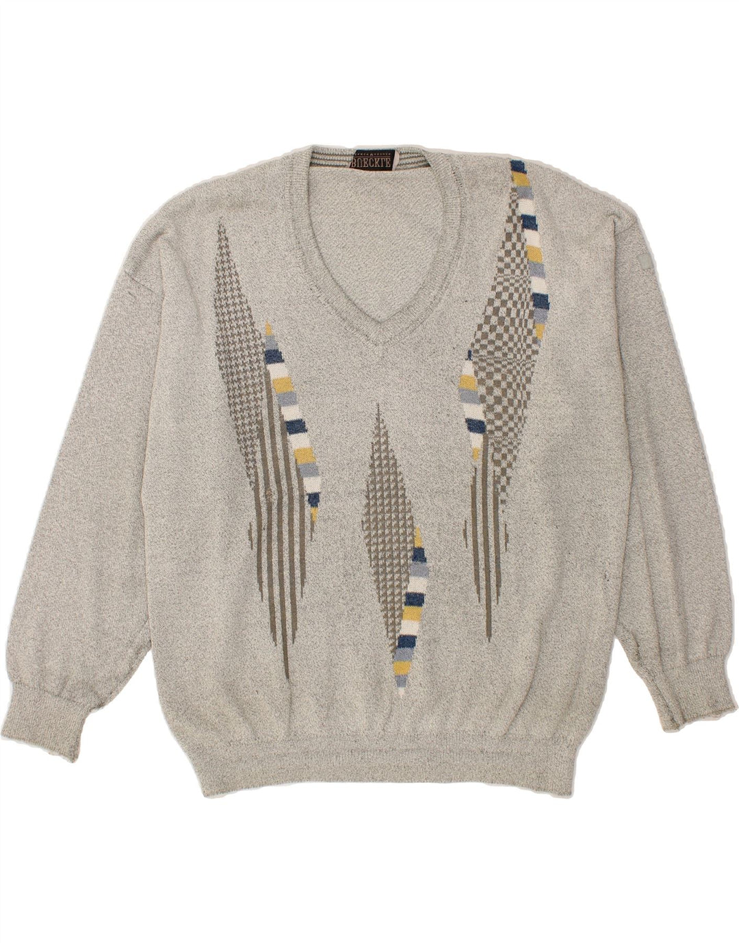 BUECKLE Mens V-Neck Jumper Sweater XL Grey Geometric Vintage Bueckle and Second-Hand Bueckle from Messina Hembry 