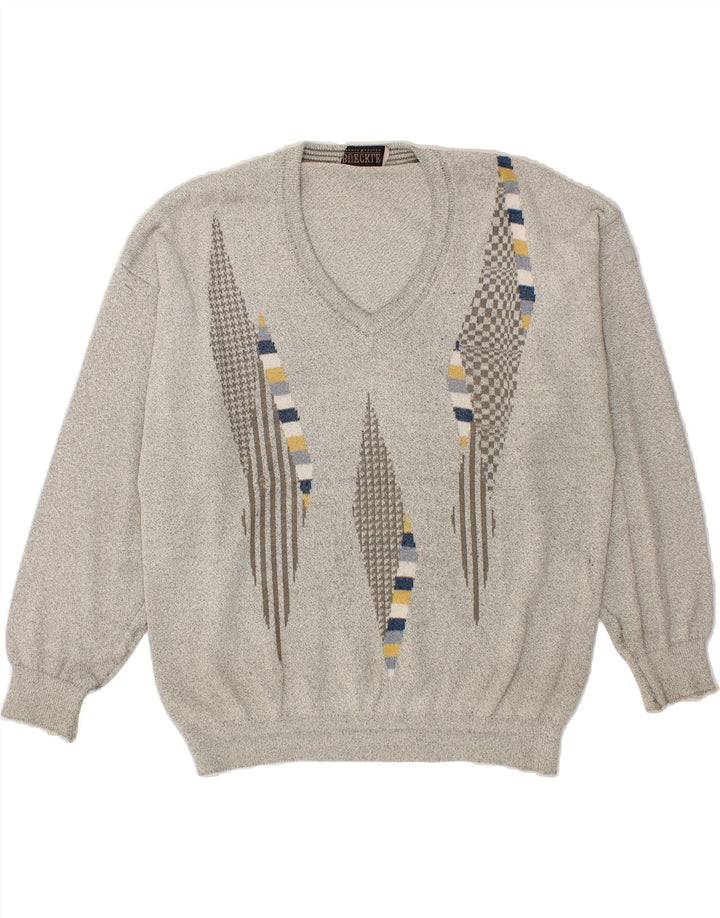 BUECKLE Mens V-Neck Jumper Sweater XL Grey Geometric Vintage Bueckle and Second-Hand Bueckle from Messina Hembry 