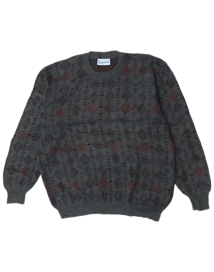 Винтажный мужской джемпер с круглым вырезом, свитер из натуральной шерсти среднего синего цвета с геометрическим узором