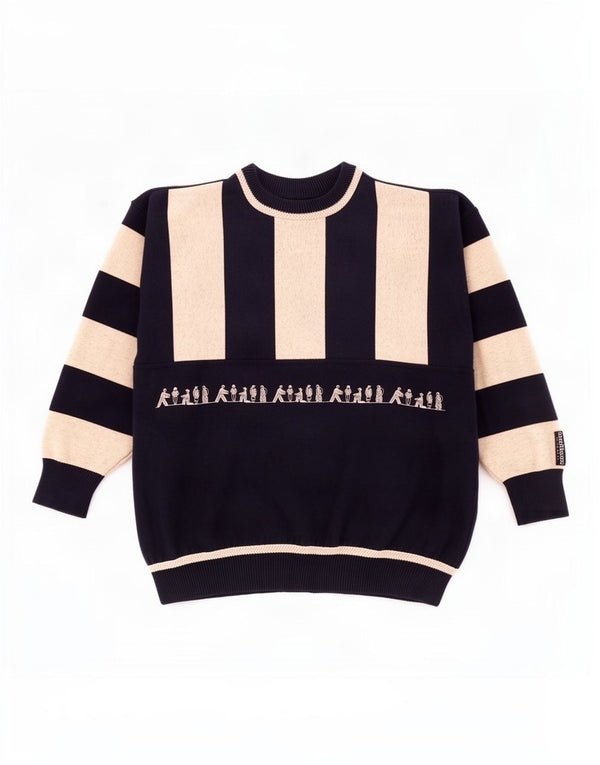 Vintage Mens Graphic Crew Neck Jumper Sweater Large Navy Blue Colourblock