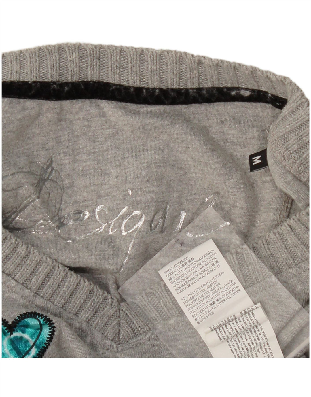 DESIGUAL Женский топ с рисунком с длинным рукавом UK 12, средний серый цвет с узором пейсли в форме сердца