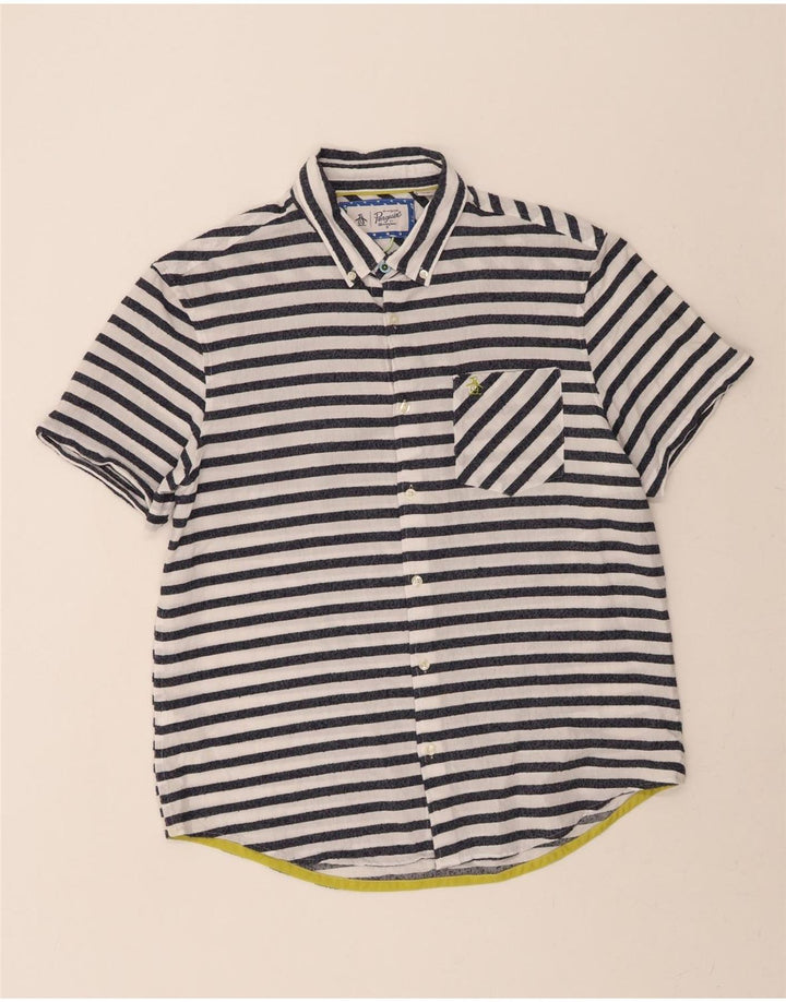 PENGUIN Mens Short Sleeve Shirt Large White Striped Cotton Vintage Penguin and Second-Hand Penguin from Messina Hembry 