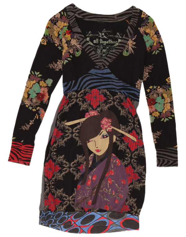Женское платье-футляр Desigual с длинным рукавом UK 10, маленькое черное хлопковое платье с цветочным принтом