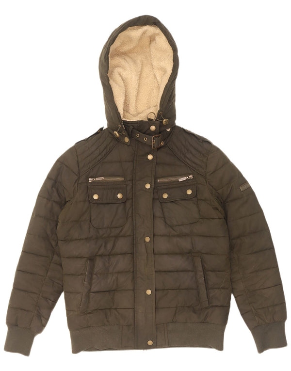 Barbour Womens Hooded Waxed Cotton Padded Jacket UK 12 Medium Khaki