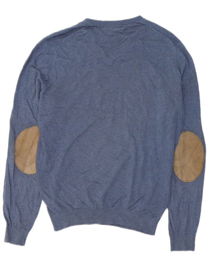 Мужской джемпер с v-образным вырезом Massimo Dutti, средний синий хлопковый свитер