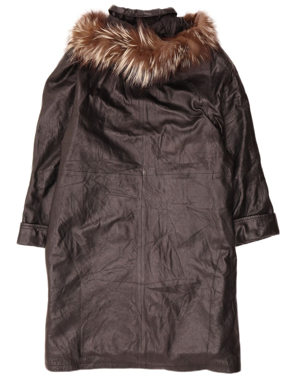 ВИНТАЖНОЕ Женское кожаное пальто оверсайз с капюшоном UK 14, средний черный кожаный