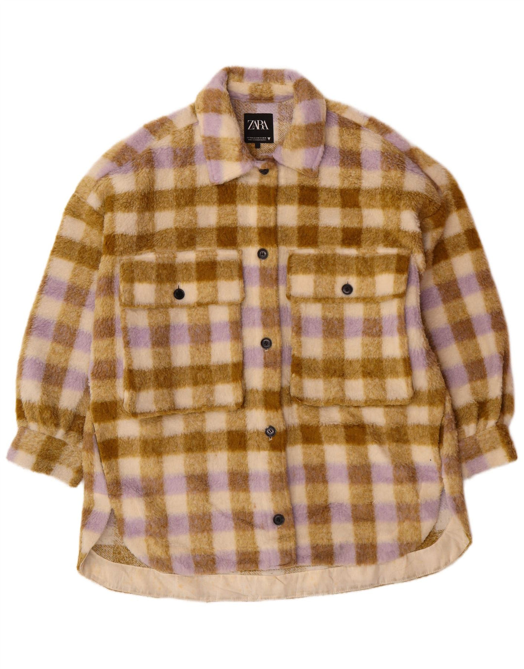 Женская флисовая куртка оверсайз Zara UK 10, маленький размер, бежевый полиэстер в клетку