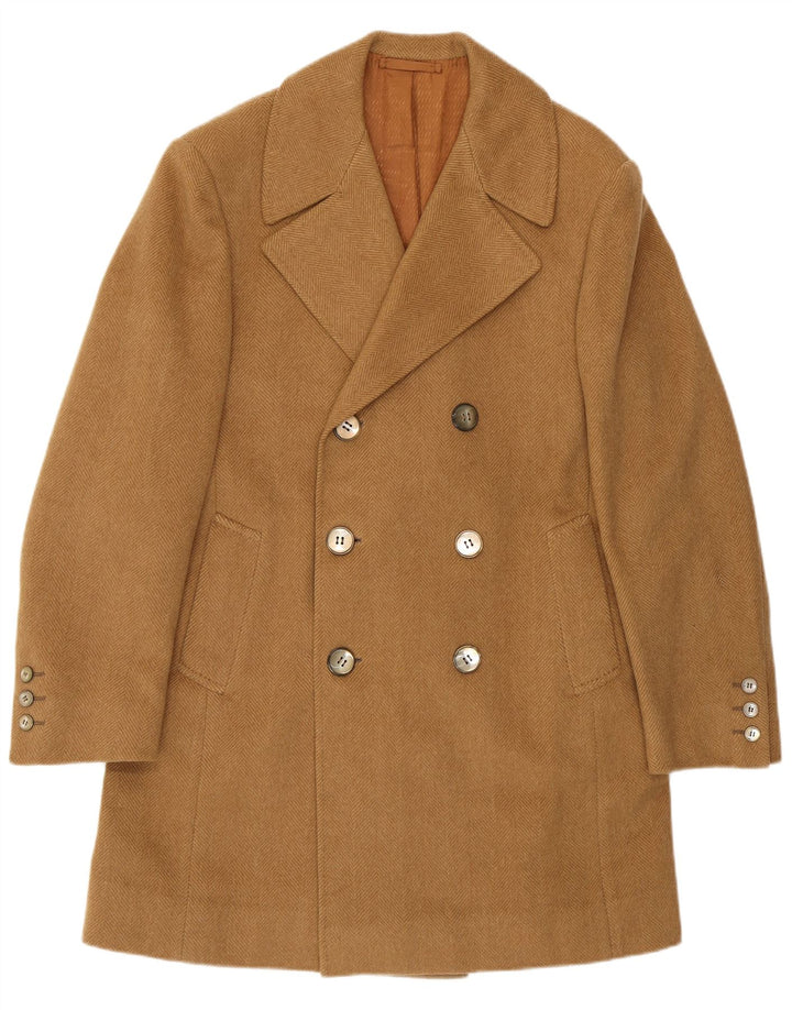 Винтажное мужское двубортное пальто UK 34 XS Бежевое с узором «в елочку»