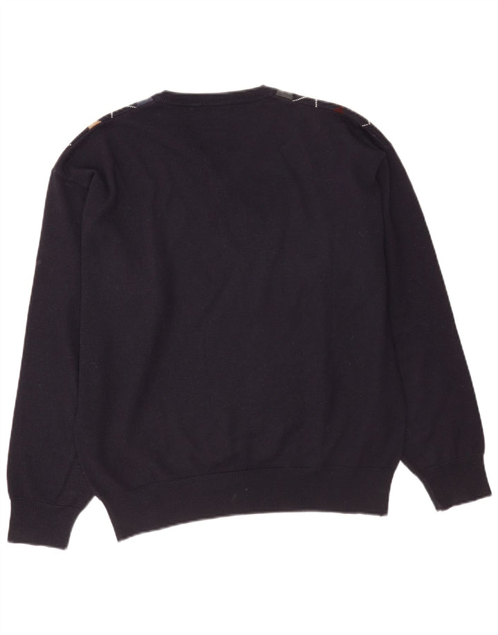 Винтажный мужской джемпер с v-образным вырезом, средний темно-синий свитер с узором аргайл/ромб из шерсти