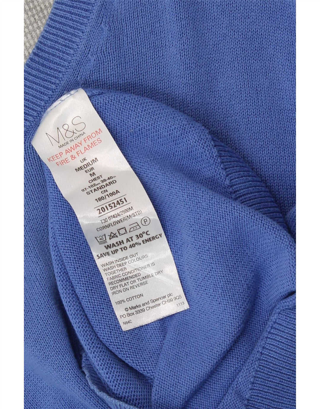 Мужской джемпер с v-образным вырезом Marks & Spencer, средний синий хлопковый свитер