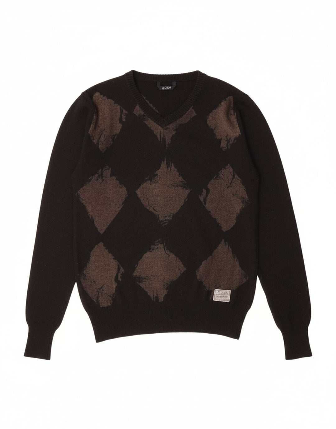 GUESS Womens V-Neck Jumper Sweater UK 10 Small Black Argyle/Diamond Wool