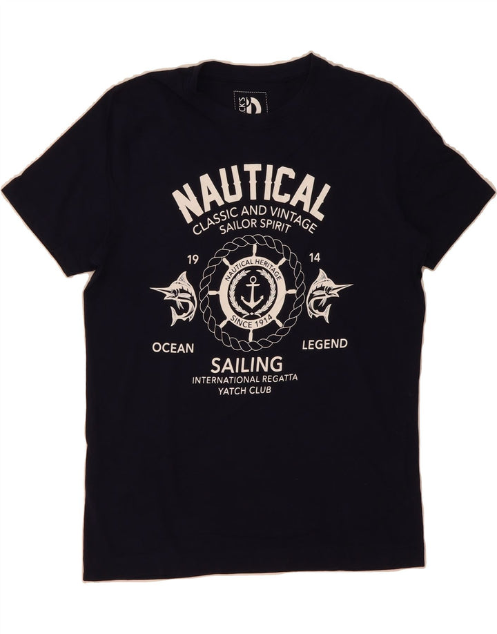 DACK'S Mens Graphic T-Shirt Top Small Navy Blue Cotton Vintage Dack's and Second-Hand Dack's from Messina Hembry 