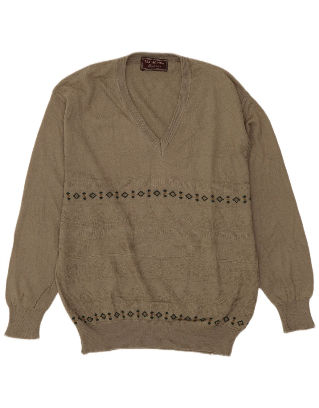 MALAGRIDA Мужской джемпер с v-образным вырезом, свитер среднего серого цвета из шерсти с геометрическим рисунком