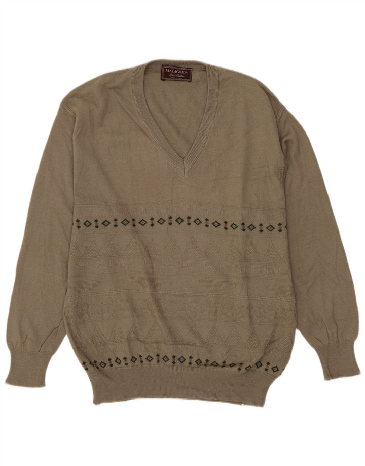 MALAGRIDA Мужской джемпер с v-образным вырезом, свитер среднего серого цвета из шерсти с геометрическим рисунком