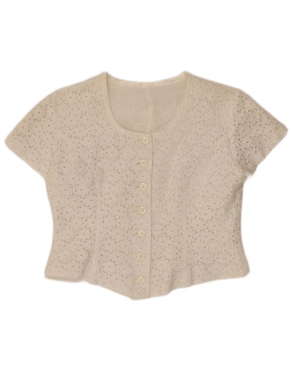 Женская укороченная блузка-рубашка с коротким рукавом VINTAGE IT 46, большая с белым цветочным принтом