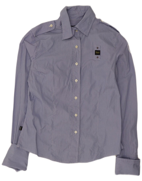 Blauer Womens Military Formal Shirt UK 16 Large Blue Pinstripe Cotton