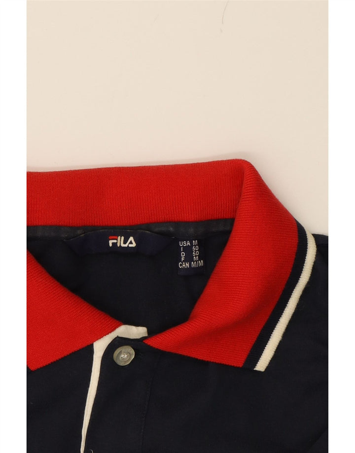 FILA Mens Graphic Polo Shirt Medium Navy Blue Colourblock Cotton Vintage Fila and Second-Hand Fila from Messina Hembry 