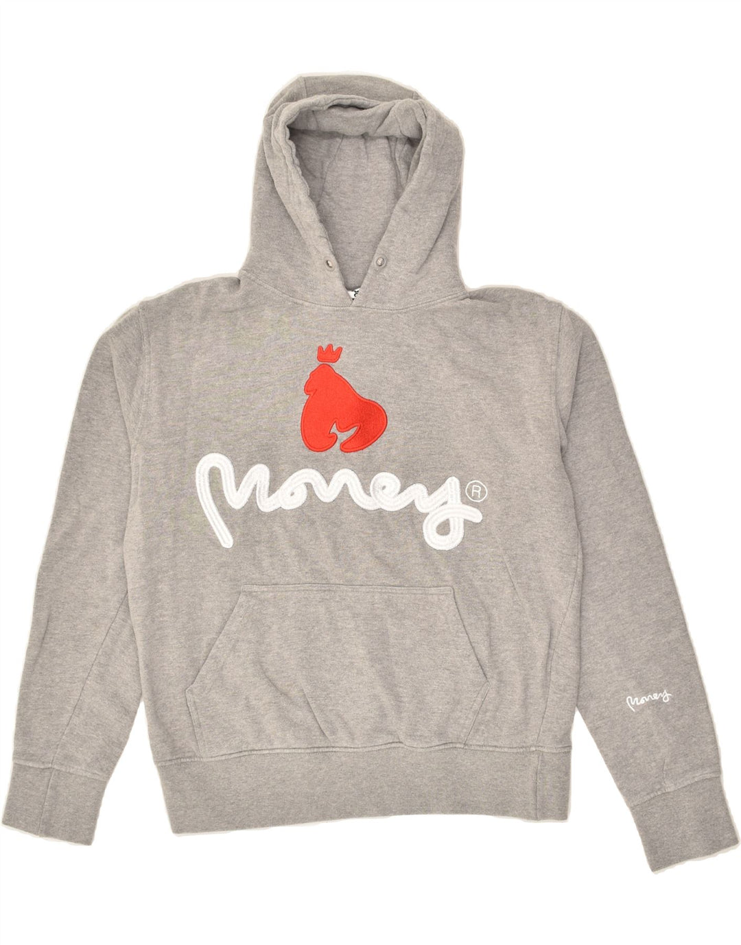 MONEY Womens Graphic Hoodie Jumper UK 10 Small Grey Cotton | Vintage Money | Thrift | Second-Hand Money | Used Clothing | Messina Hembry 