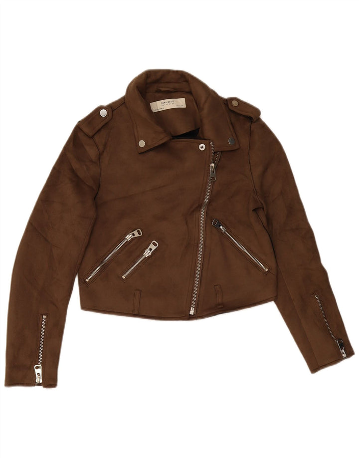 Женская укороченная байкерская куртка из искусственной кожи ZARA UK 10, маленький размер, коричневый полиэстер