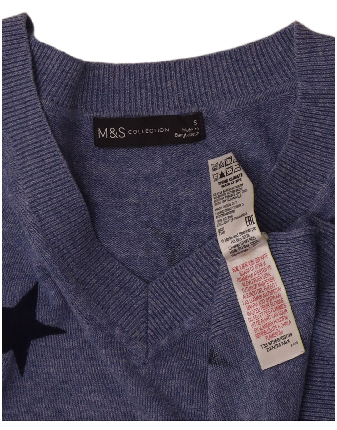 Женский джемпер с v-образным вырезом и графикой Marks & Spencer, Великобритания, 10, маленький синий