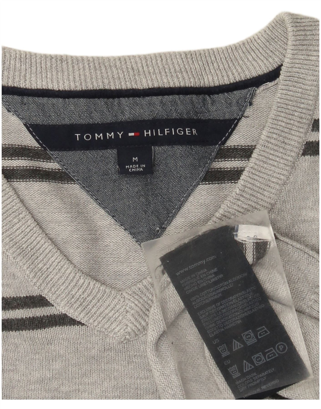 Tommy Hilfiger Мужской джемпер с v-образным вырезом, хлопковый свитер среднего серого цвета в полоску
