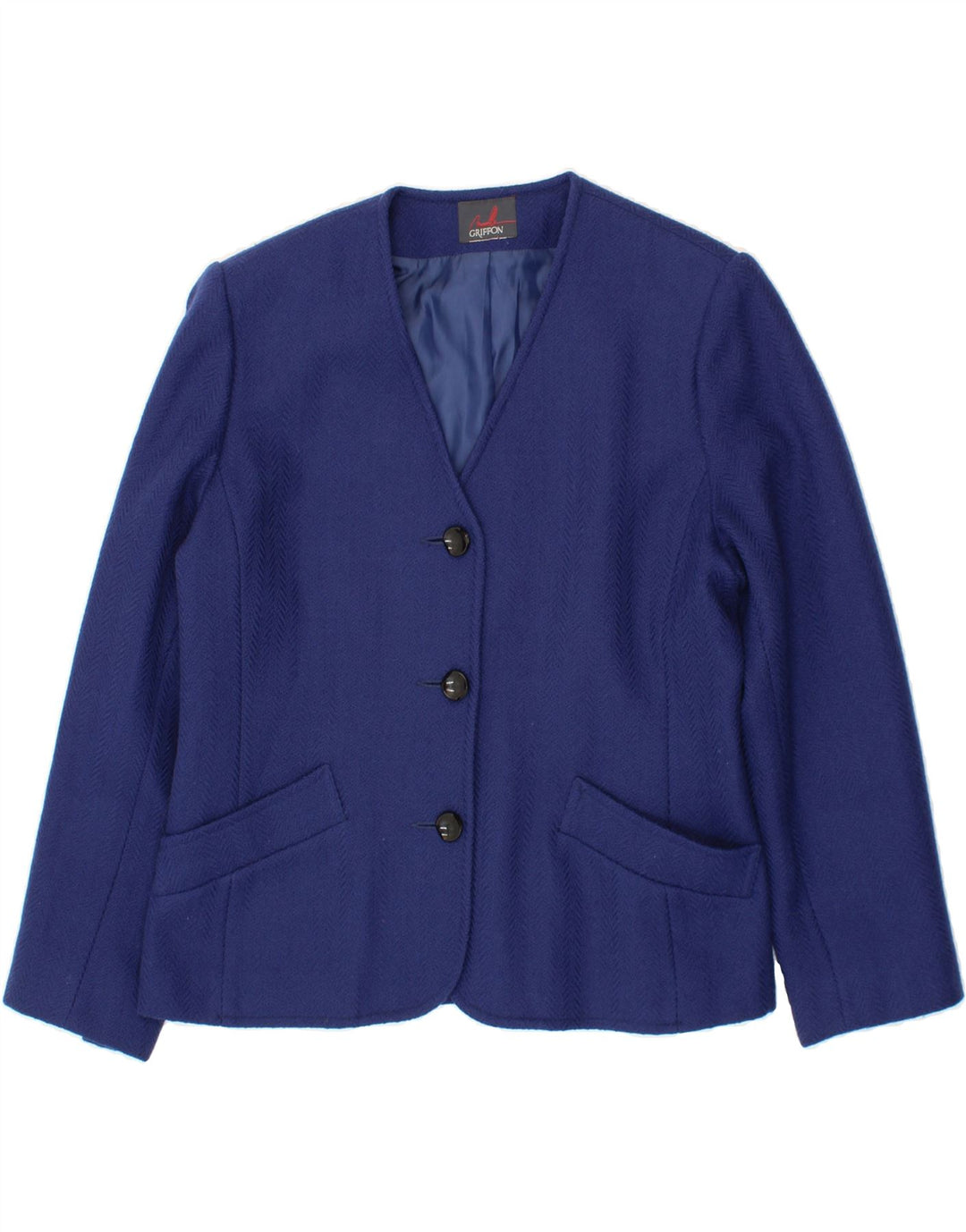 VINTAGE Womens 3 Button Blazer Jacket UK 14 Medium Blue Herringbone Wool Vintage Vintage and Second-Hand Vintage from Messina Hembry 