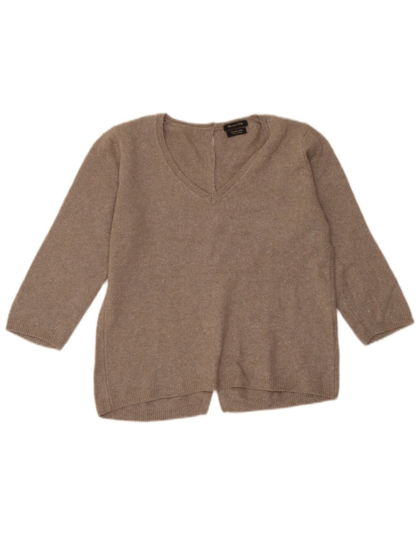 Женский джемпер с v-образным вырезом и рукавами 3/4 Massimo Dutti UK 14, средний коричневый