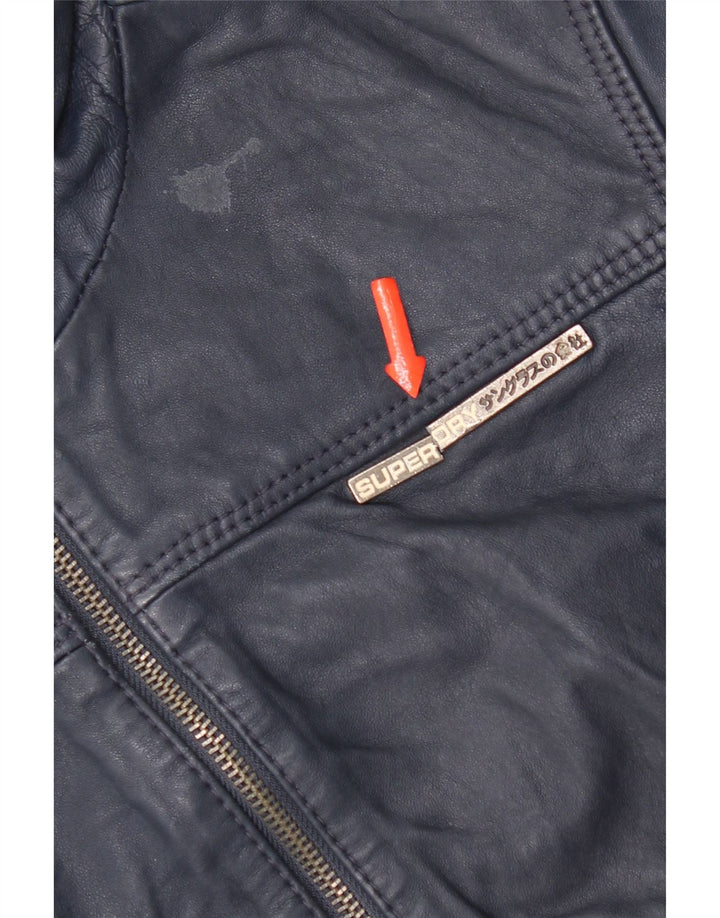 Женская кожаная куртка с капюшоном Superdry UK 14, кожа темно-синего цвета среднего размера