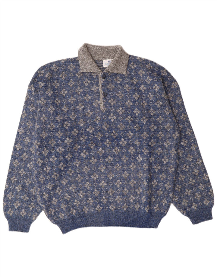 Мужской свитер с воротником поло Umberto Severi IT 52, большой синий с цветочным принтом