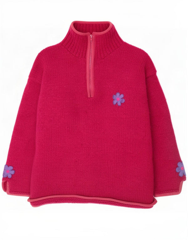 Pachamama Womens Hand Knit Zip Neck Jumper Sweater UK 20 2XL Pink Floral