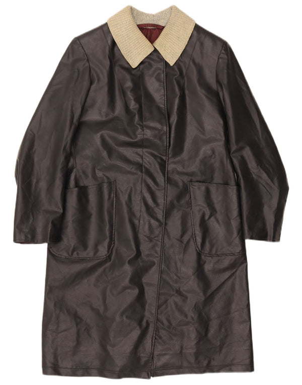 ВИНТАЖНОЕ Женское кожаное пальто UK 12 Среднее черное с цветными блоками