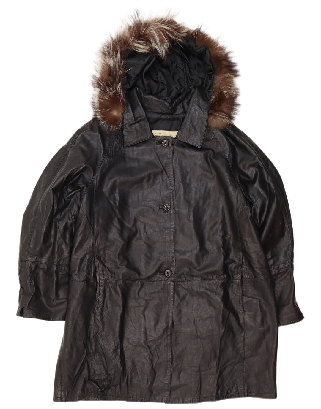 Винтажное женское кожаное пальто оверсайз с капюшоном IT 48 XL, черное кожаное