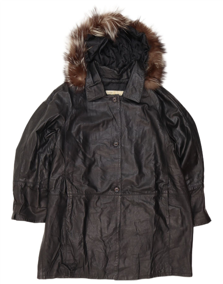 Винтажное женское кожаное пальто оверсайз с капюшоном IT 48 XL, черное кожаное