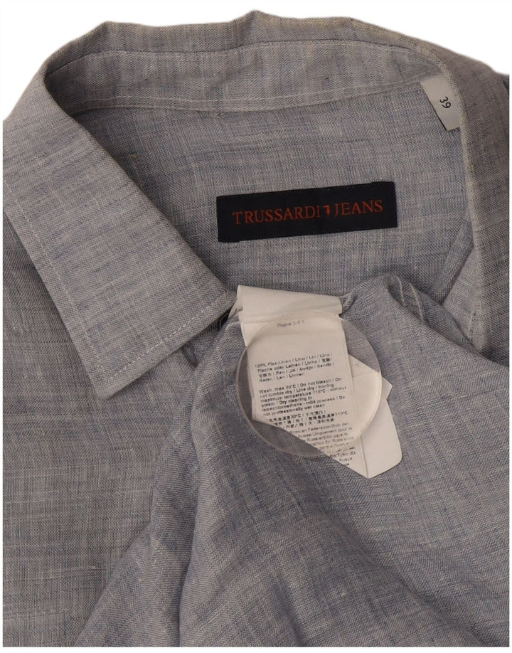 Мужская рубашка Trussardi, размер 39, средний синий лен в крапинку