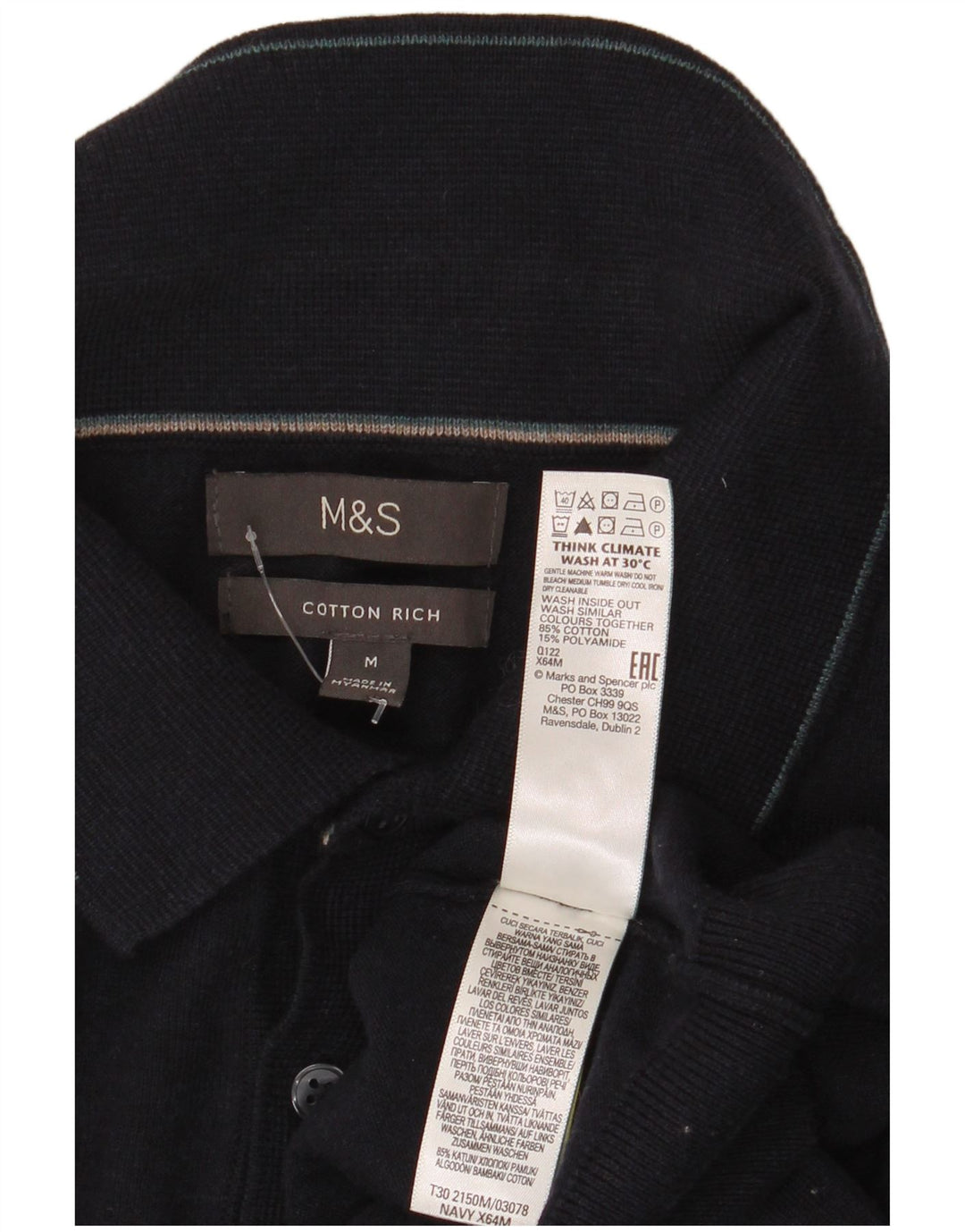 Мужской джемпер с воротником-поло Marks & Spencer, средний темно-синий хлопковый свитер