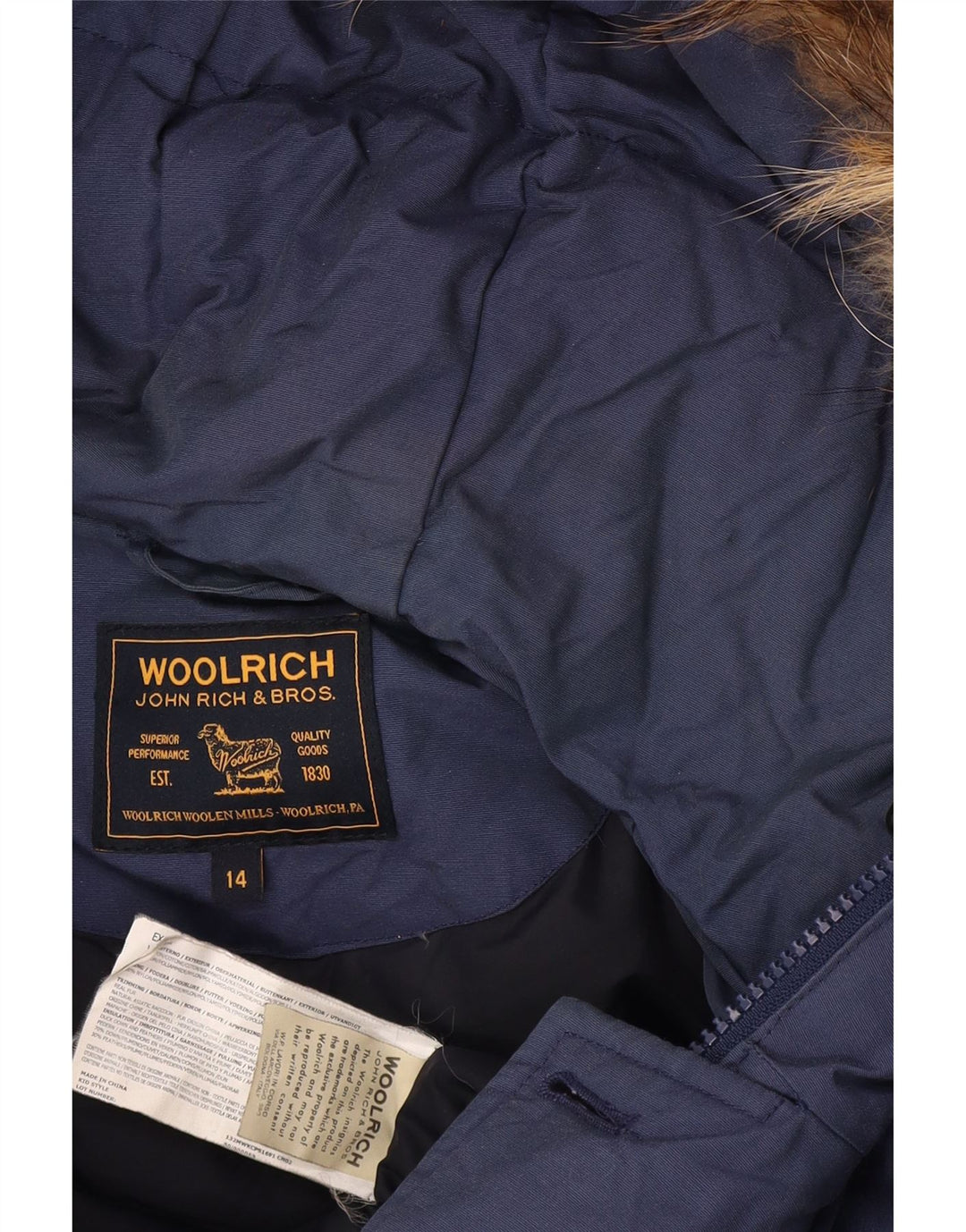 Пуховое пальто с капюшоном Woolrich для мальчиков 13–14 лет, синий хлопок