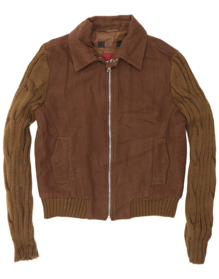 Мужская вязаная куртка-бомбер Zara UK 40, большая коричневая шерсть с цветными блоками