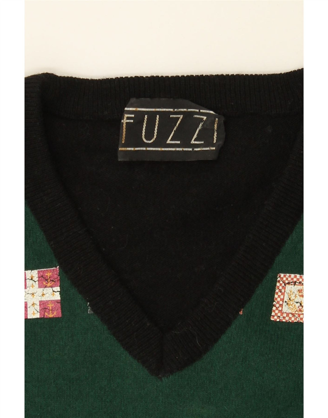 FUZZI Womens Graphic V-Neck Jumper Sweater IT 46 Large Green Colourblock Vintage Fuzzi and Second-Hand Fuzzi from Messina Hembry 