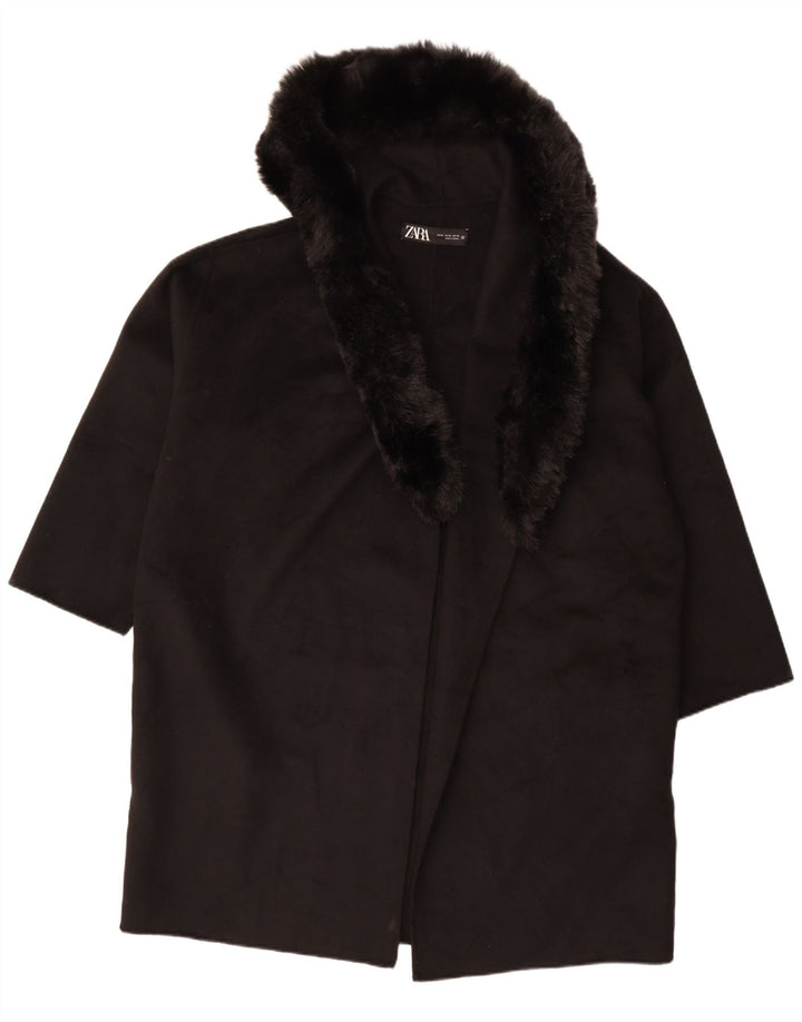 Женское открытое пальто оверсайз с капюшоном Zara UK 18 XL, черное шерстяное