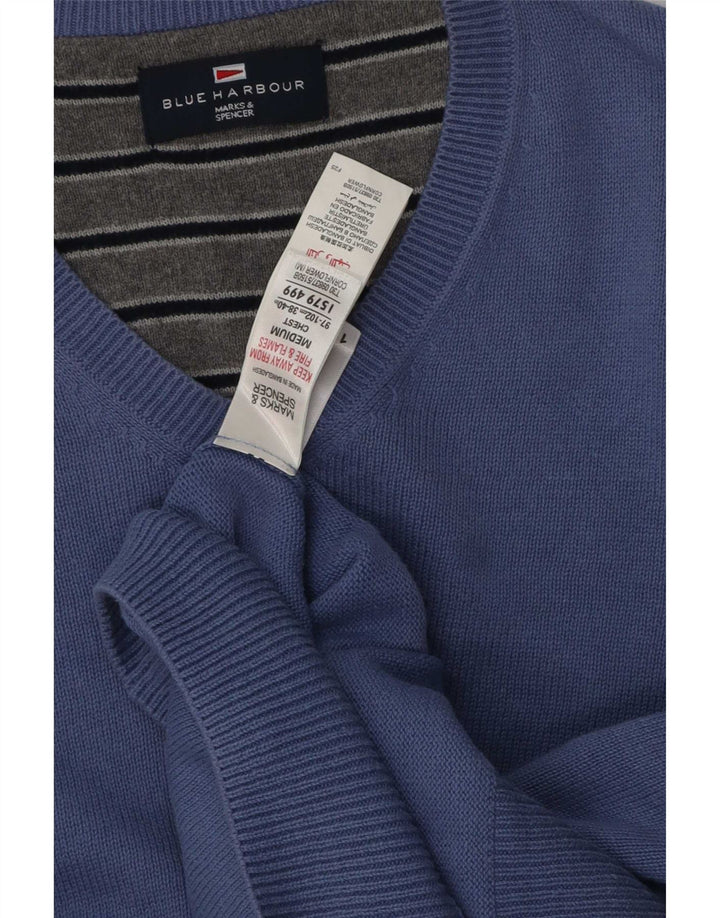 Мужской джемпер с v-образным вырезом Marks & Spencer Blue Harbour, средний синий хлопковый свитер