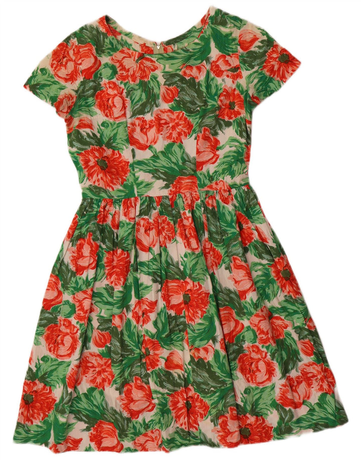 ВИНТАЖНОЕ женское платье А-силуэта UK 12, средний зеленый цвет с цветочным принтом