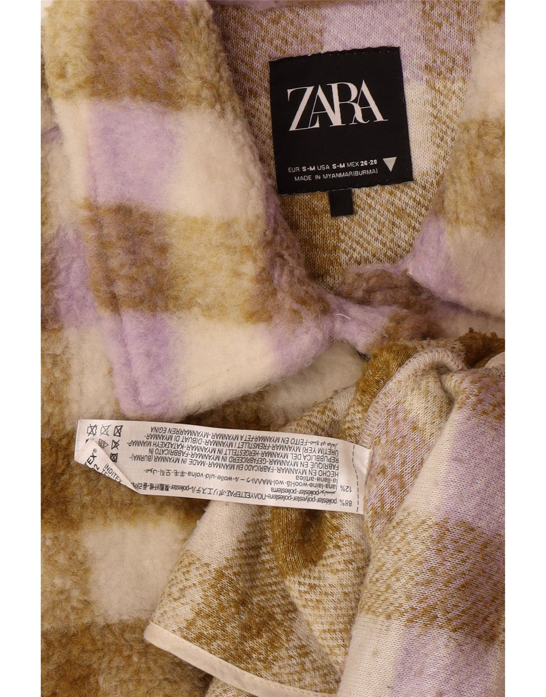 Женская флисовая куртка оверсайз Zara UK 10, маленький размер, бежевый полиэстер в клетку