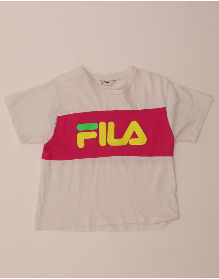 FILA Womens Graphic T-Shirt Top UK 14 Medium White Colourblock Vintage Fila and Second-Hand Fila from Messina Hembry 