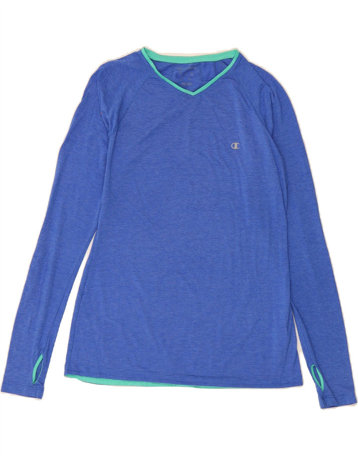 CHAMPION Womens Top Long Sleeve UK 14 Large Blue Pinstripe Polyester Vintage Champion and Second-Hand Champion from Messina Hembry 