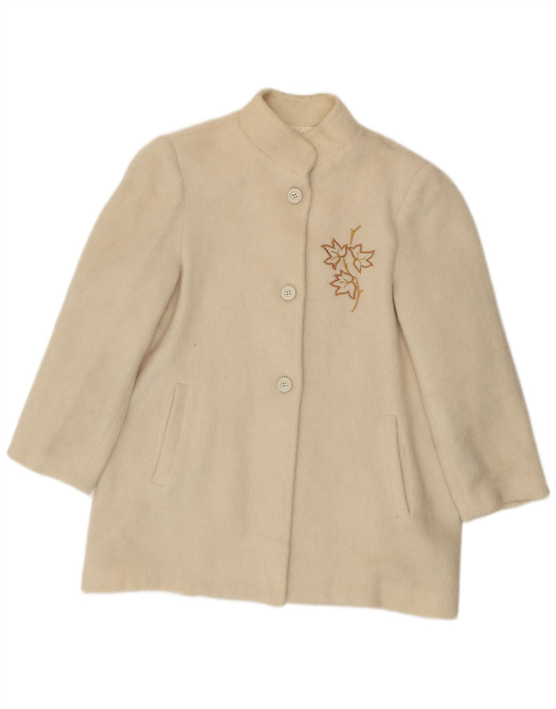 Винтажное женское пальто IT 44 среднего размера из белой шерсти с цветочным принтом