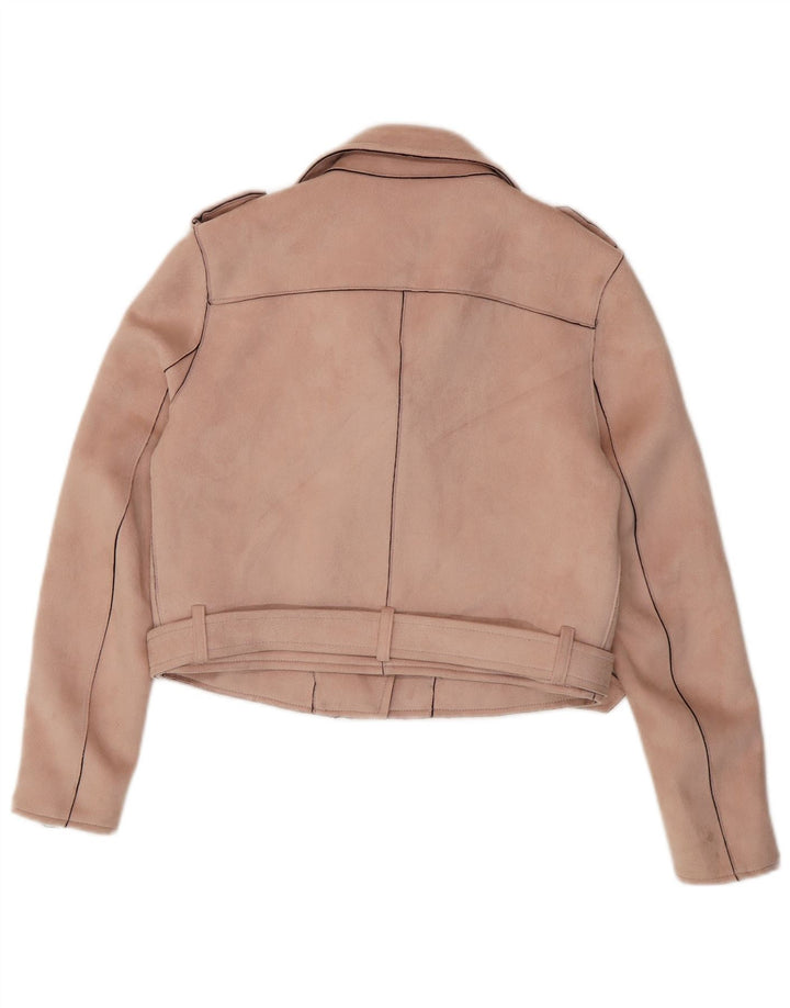 Женская укороченная байкерская куртка ZARA UK 12, полиэстер среднего розового цвета