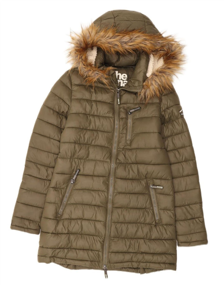 Женское стеганое пальто с капюшоном Superdry UK 14, средний хаки, нейлон