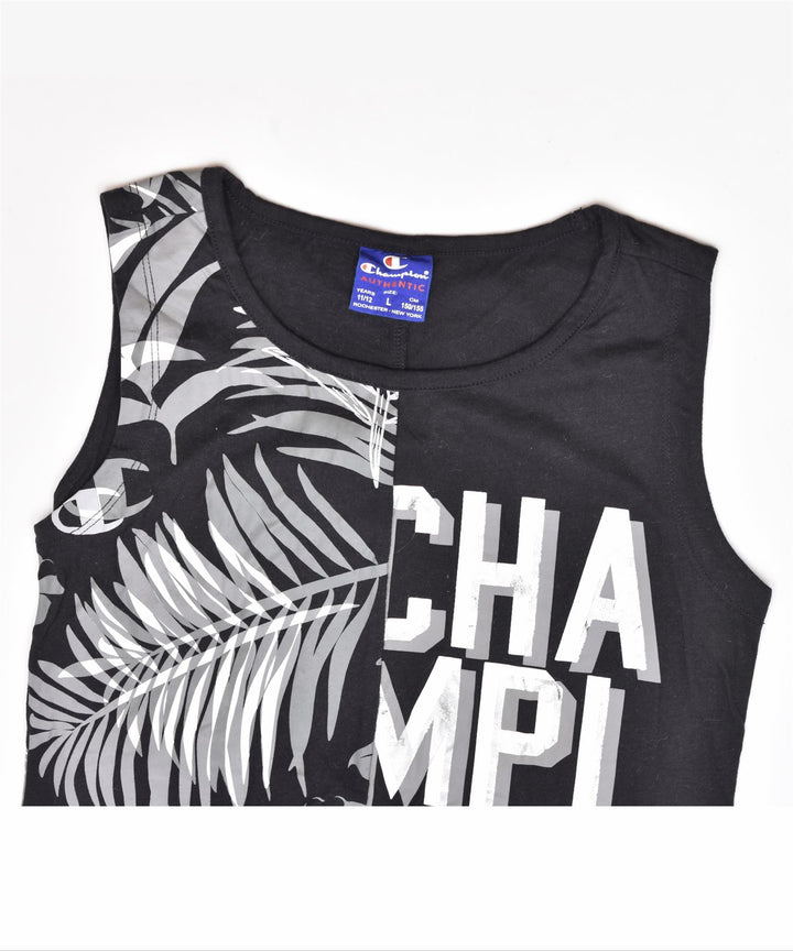 CHAMPION Girls Graphic Vest Top 11-12 Years Large Black Floral Cotton | Vintage | Thrift | Second-Hand | Used Clothing | Messina Hembry 